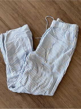 Light Blue & White Striped Drawstring linen Pants